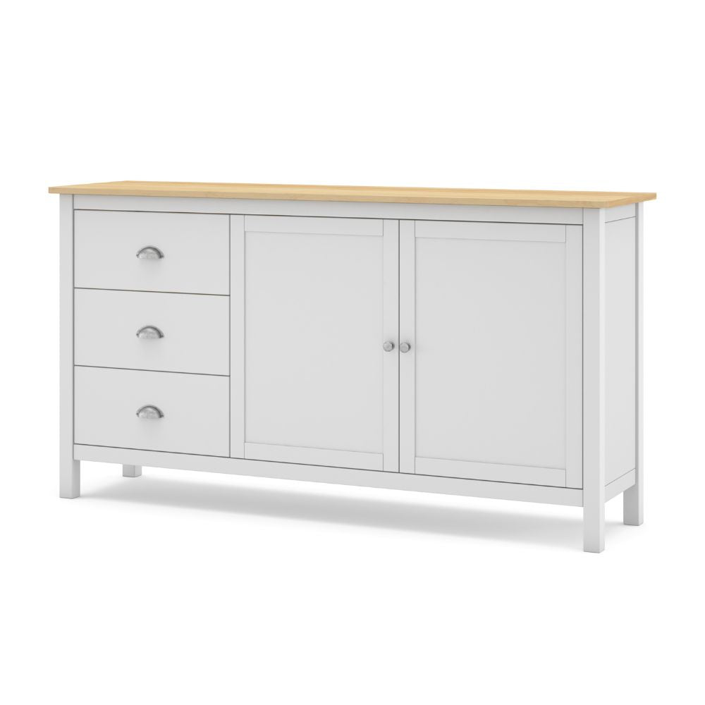 Sideboard mit 2 Türen und 3 Schubladen aus Massivholz, weiß und Eiche Misti 150x40x80H