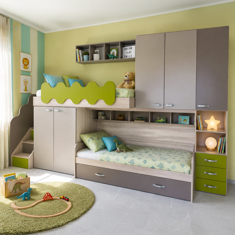 Hochbett-Kinderzimmer mit 3 Betten in Talkum-Grün und Braun – Milly