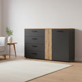Madia con 4 cassetti, 2 ante e dettaglio listellato reversibile antracite e rovere evoque Esteban856