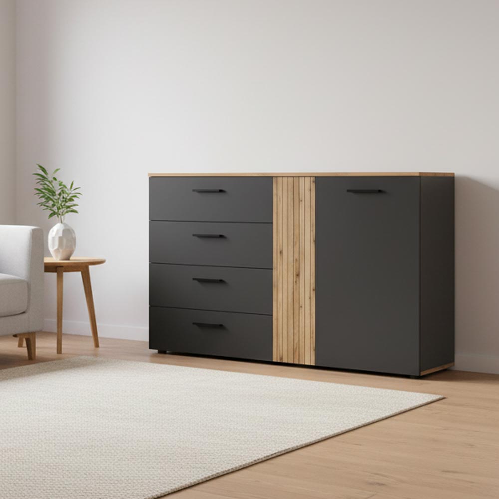 Madia con 4 cassetti, 2 ante e dettaglio listellato reversibile antracite e rovere evoque Esteban856