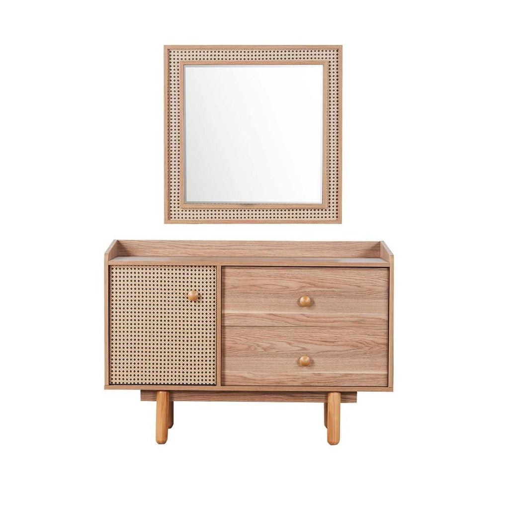 Chambre Nature coloris chêne miel effet cannage et armoire miroir
