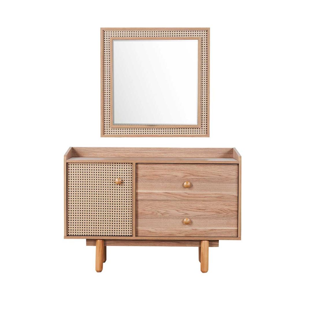 Chambre Nature coloris chêne miel effet cannage et armoire miroir