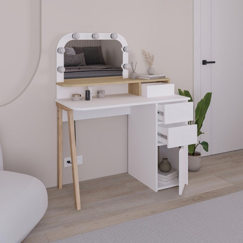 Toeletta da trucco bianco e rovere con specchio e luci LED 105x51.5x131H Avien