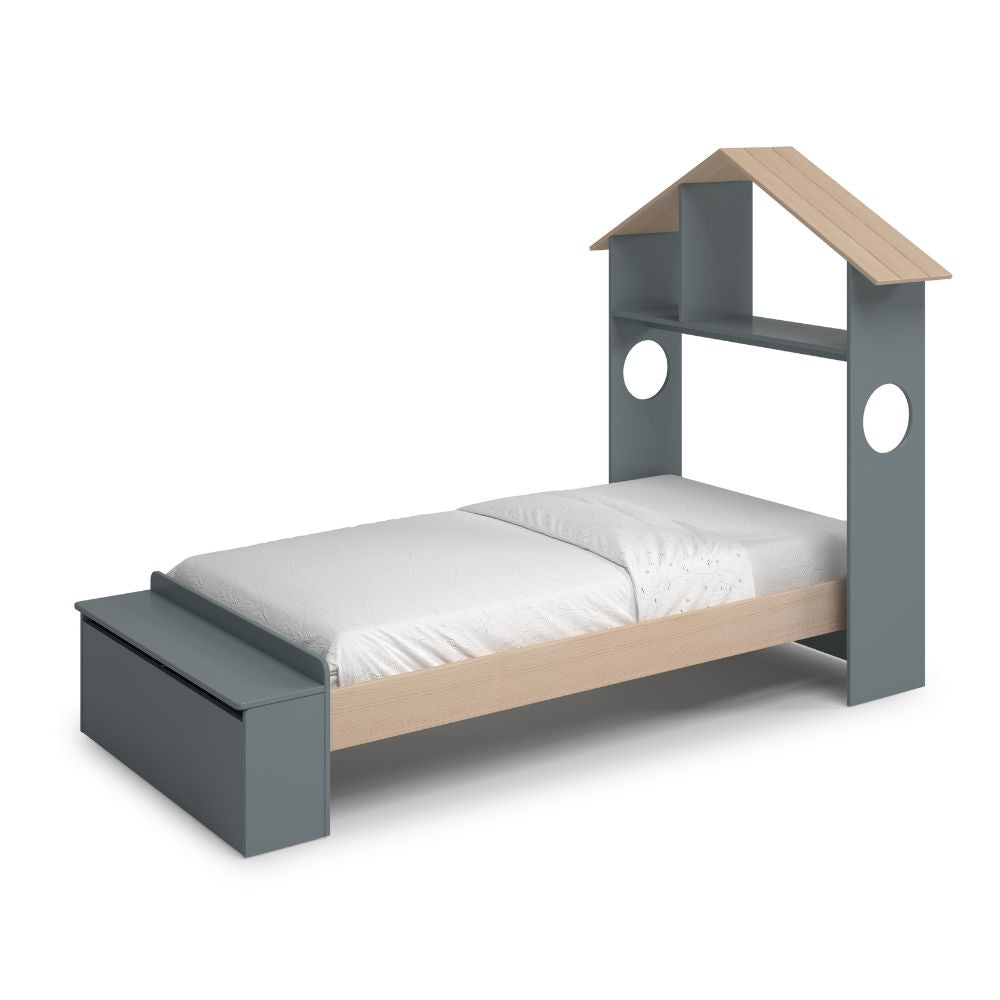 Einzelbett aus Holz mit Hauskopfteil und Stauraumfußteil in Khakigrün und Kiefer - Odessa