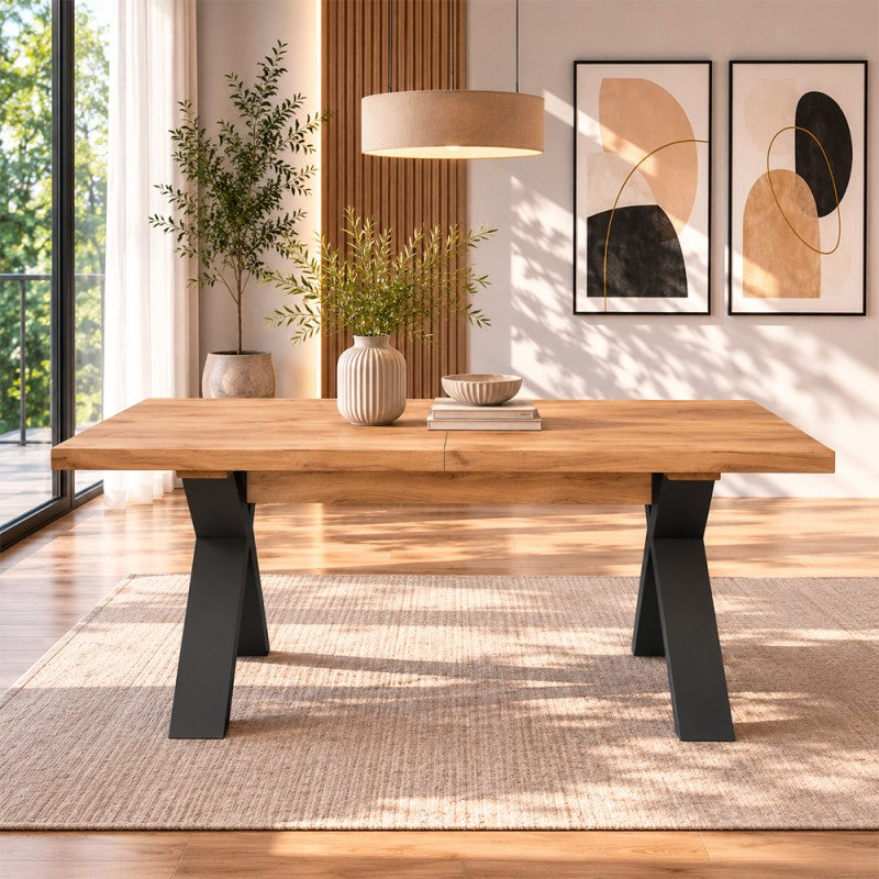 Tavolo allungabile 160 cm con piano rovere nodato e gambe incrociate antracite Milonga410