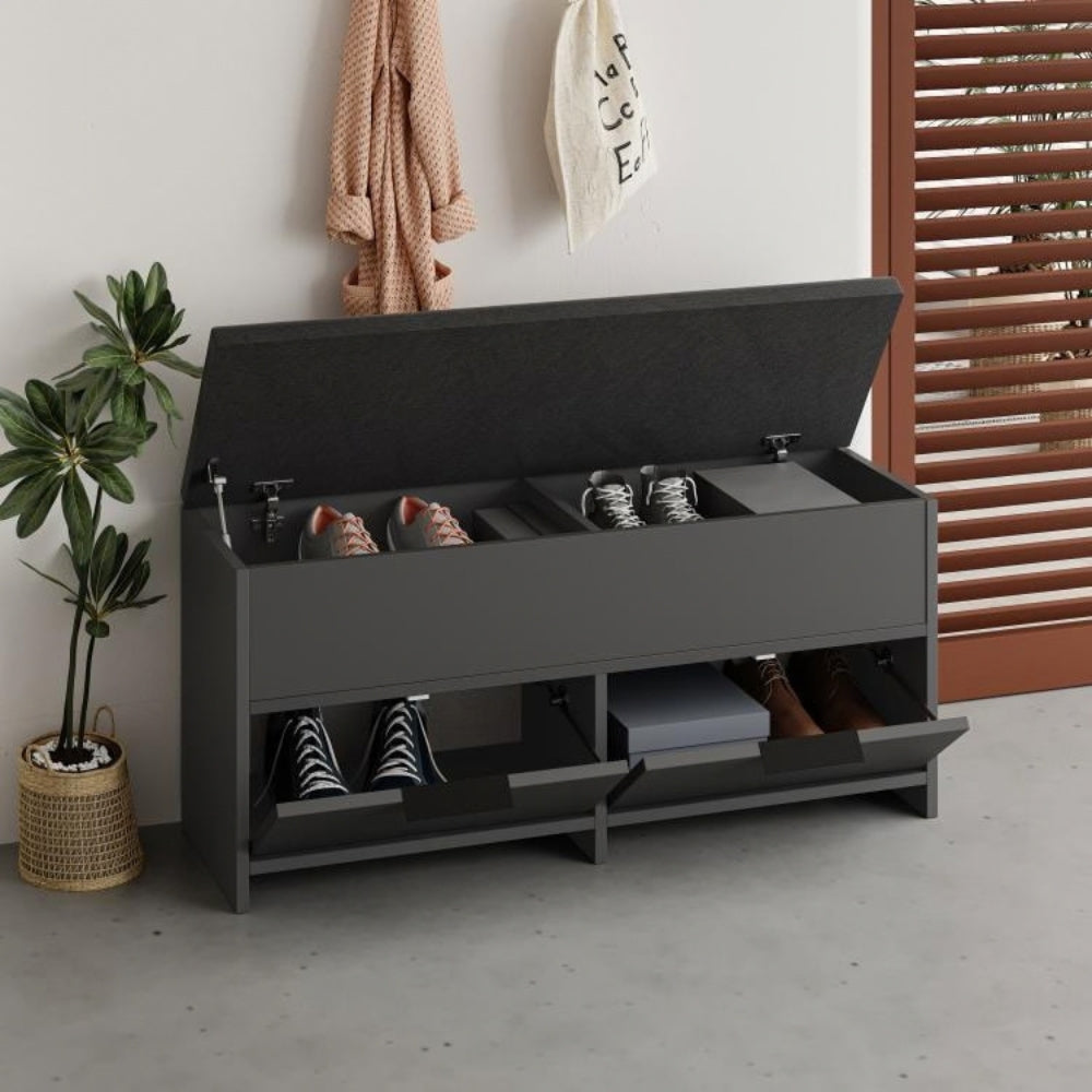 Panca scarpiera con seduta imbottita, 2 ante a ribalta e vano superiore 106 cm colore antracite Cove