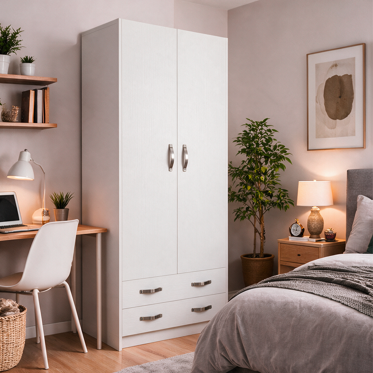 Kleiderschrank mit zwei Türen und zwei Schubladen, Esche weiß, 91x210H cm - ARM290C