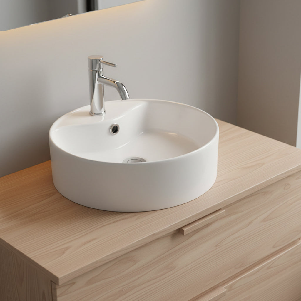 Rundes Aufsatzwaschbecken 1 Becken aus glänzend weißer Keramik 46x46 LAV618
