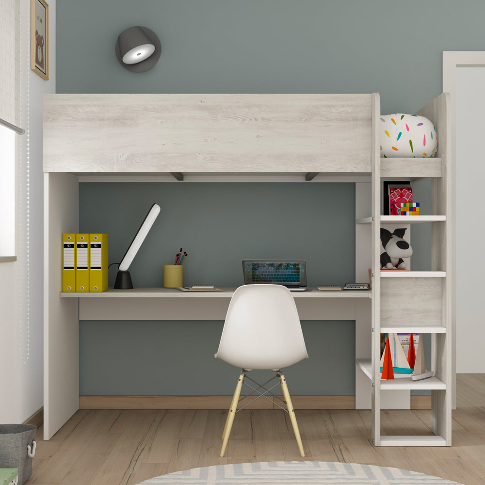 Cameretta con letto a soppalco e scrivania sottostante colore bianco e bianco consumato