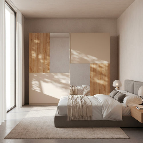 Armadio 275 cm con 2 ante scorrevoli colore rovere e cachemire con specchi - Myla