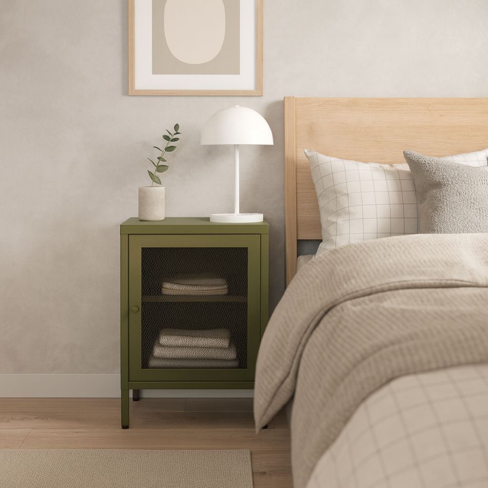 Comodino in metallo verde con anta reticolata 40x35x60H Fayna