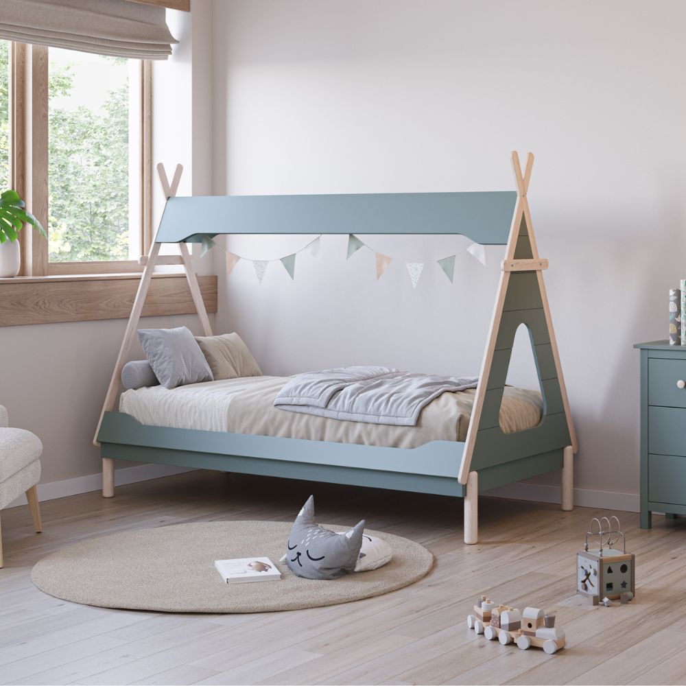 Einzelbett in Zeltform, Petrolgrün und Weiß - Nora