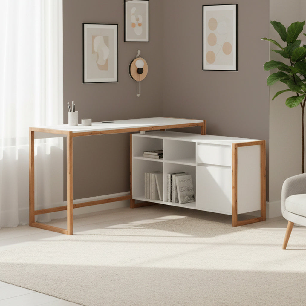 Scrivania angolare reversibile colore bianco e rovere New Denver37A