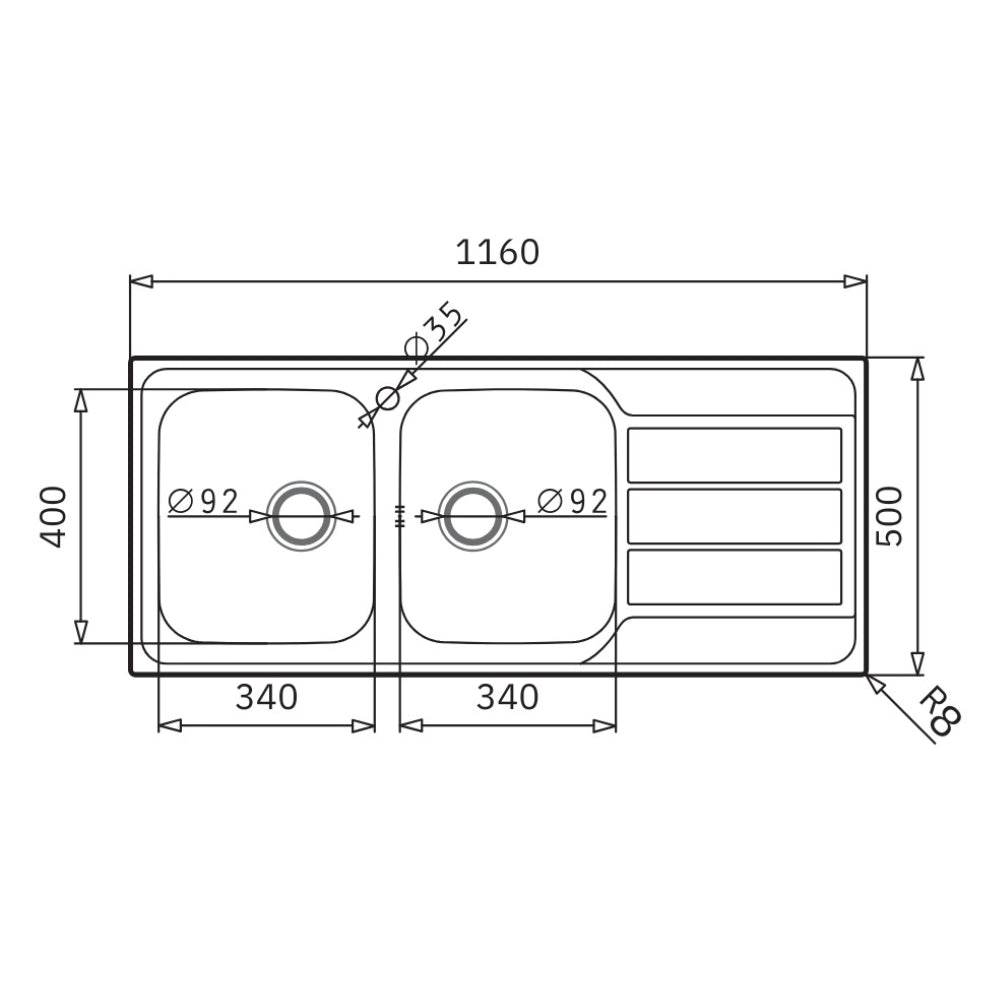 Lavello da incasso in acciaio inox 2 vasche e gocciolatoio destro 116x50 Tirreno116