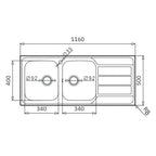 Lavello da incasso in acciaio inox 2 vasche e gocciolatoio destro 116x50 Tirreno116