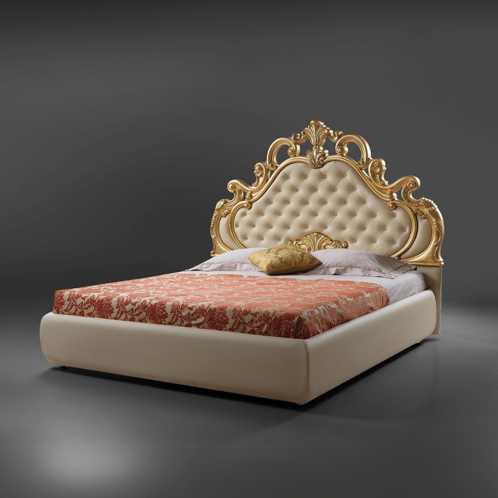 Letto matrimoniale contenitore ecopelle color crema e testiera trapuntata con pietre cristallo - Alexis