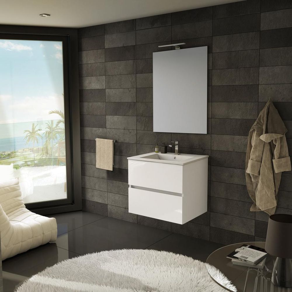 Meuble de salle de bain suspendu 60 cm couleur blanc avec tiroirs et lavabo inclus - Rondel