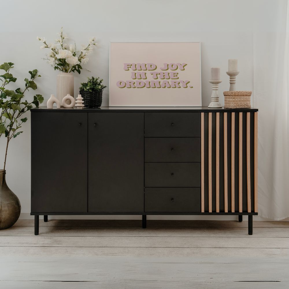 Madia con 3 ante e 4 cassetti colore nero con listelli rovere 160x90H cm - Bresso