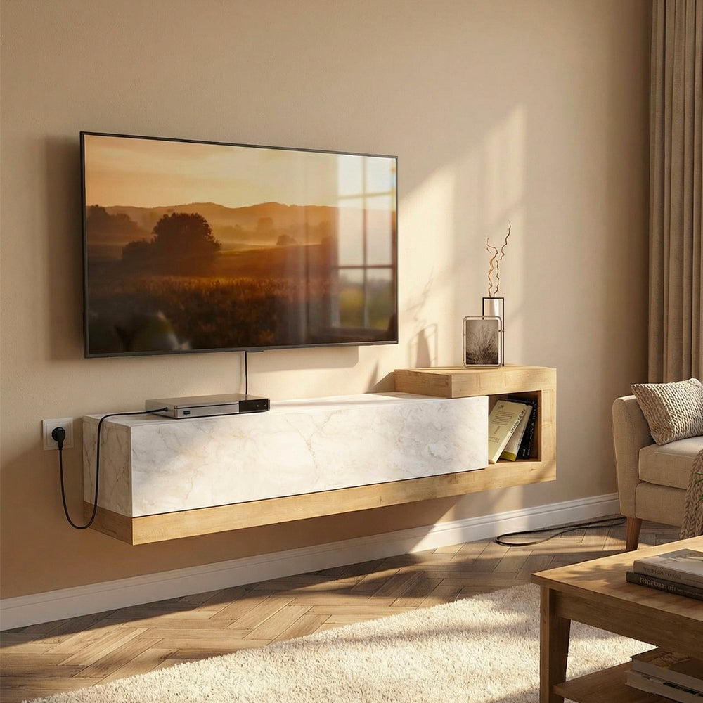 Porta Tv con anta a ribalta e dettaglio effetto marmo bianco colore rovere Volare