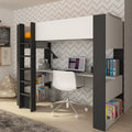 Chambre avec lit mezzanine et bureau en dessous, coloris blanc et anthracite