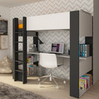 Chambre avec lit mezzanine et bureau en dessous, coloris blanc et anthracite
