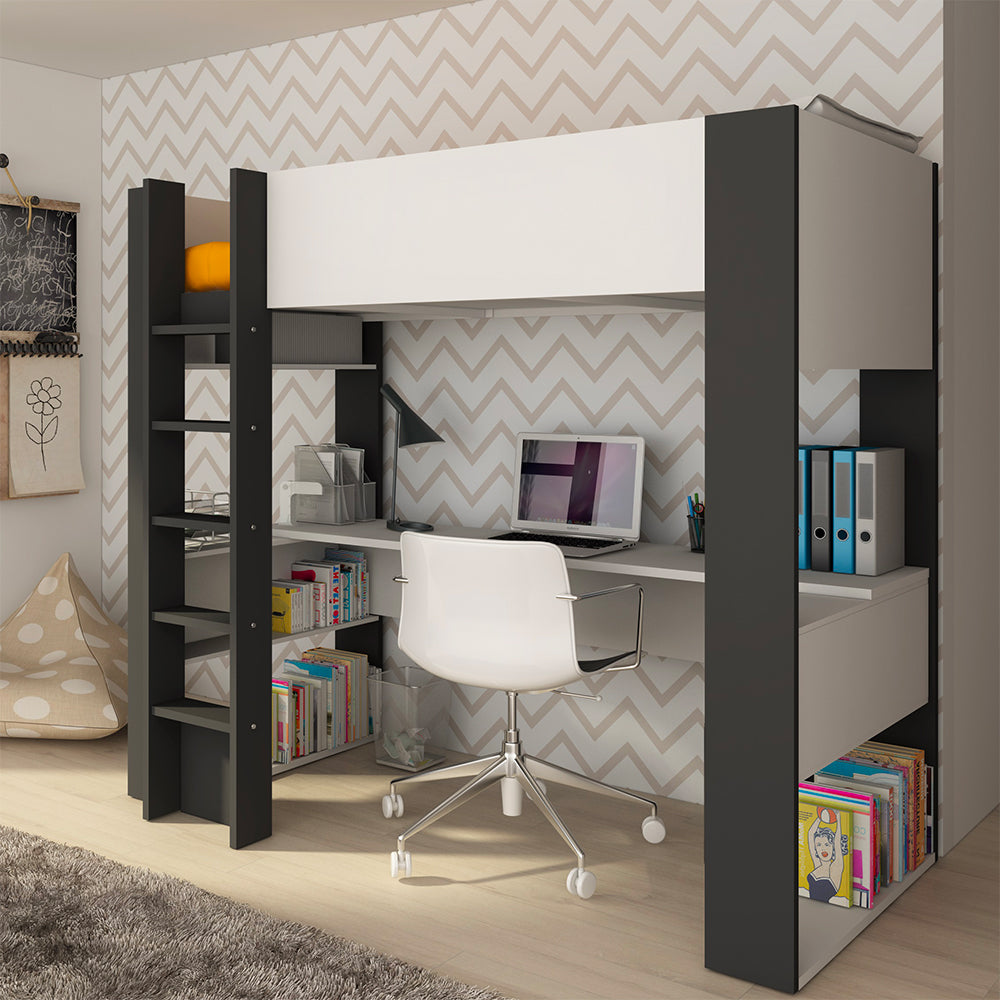 Chambre avec lit mezzanine et bureau en dessous, coloris blanc et anthracite