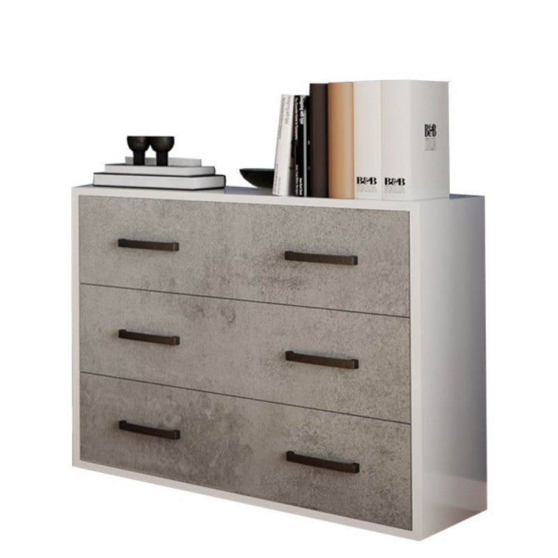 Comò con 3 cassetti colore bianco frassinato e cemento 91x81H cm