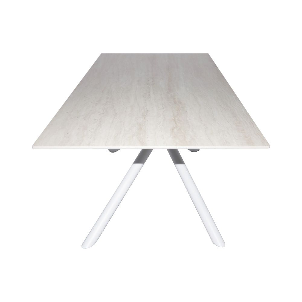 Tavolo fisso con piano effetto marmo travertino e struttura in metallo bianco stile Shangai 180x90 Corveo