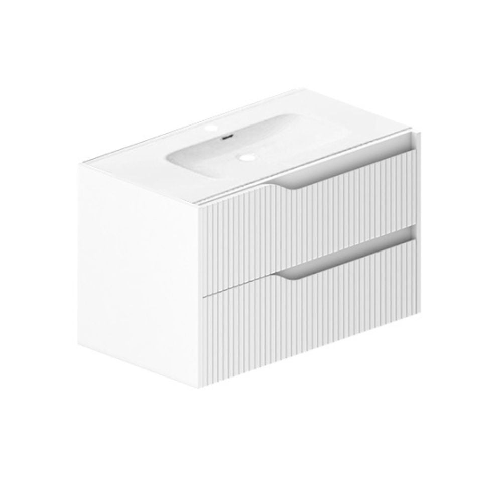 Meuble de salle de bain suspendu coloris blanc mat avec tiroirs effet cannelé 80x45x50H cm - Gaper