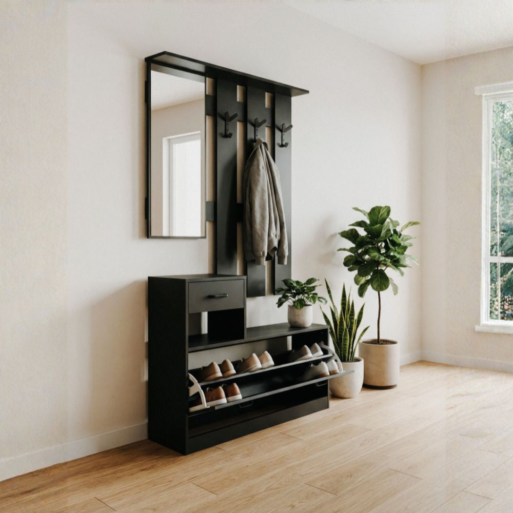 Mobile ingresso con specchio, appendiabiti, cassetto e scarpiera colore antracite Rudolf