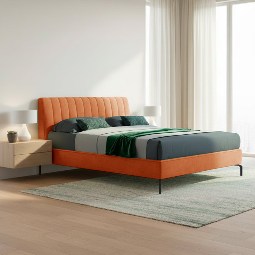 Letto matrimoniale con contenitore e testiera cuciture verticali colore arancio - Aki