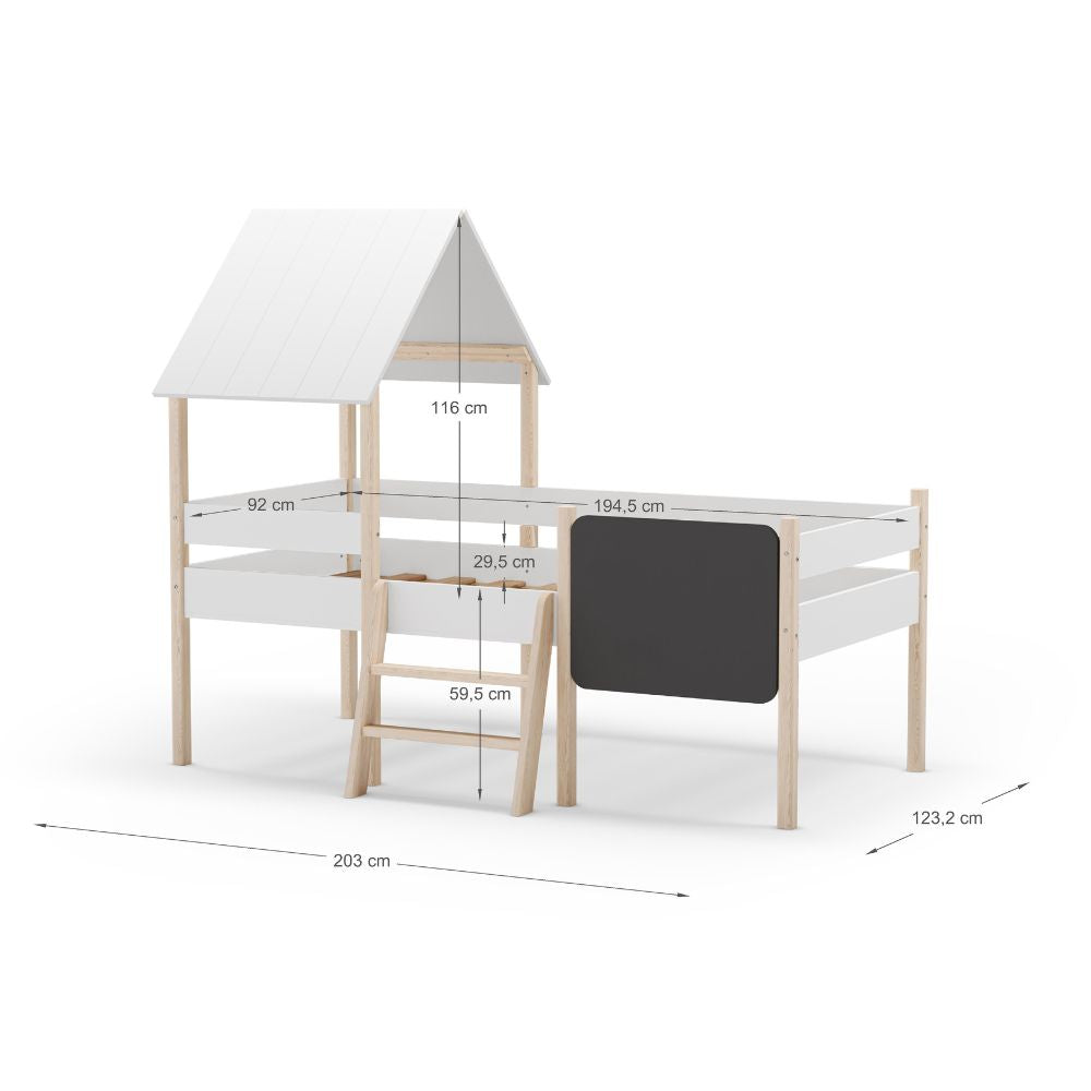 Letto singolo rialzato a forma di casetta in legno massiccio colore bianco e pino - Minty