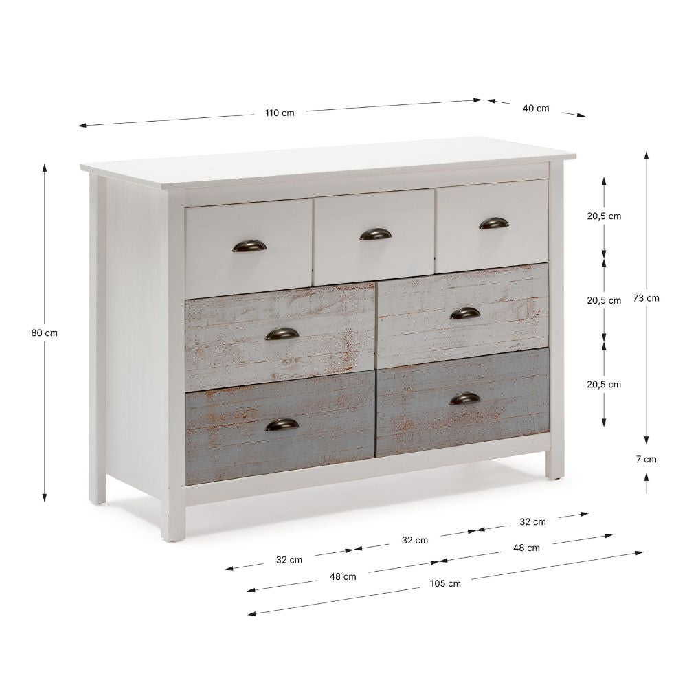 Commode en bois massif avec 7 tiroirs blanc et gris 110x40x80H cm - Romantica