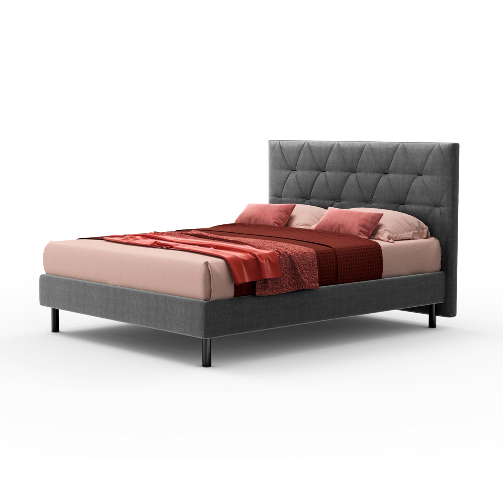 Lit double avec coffre de rangement et tête de lit capitonnée coloris gris - Cody