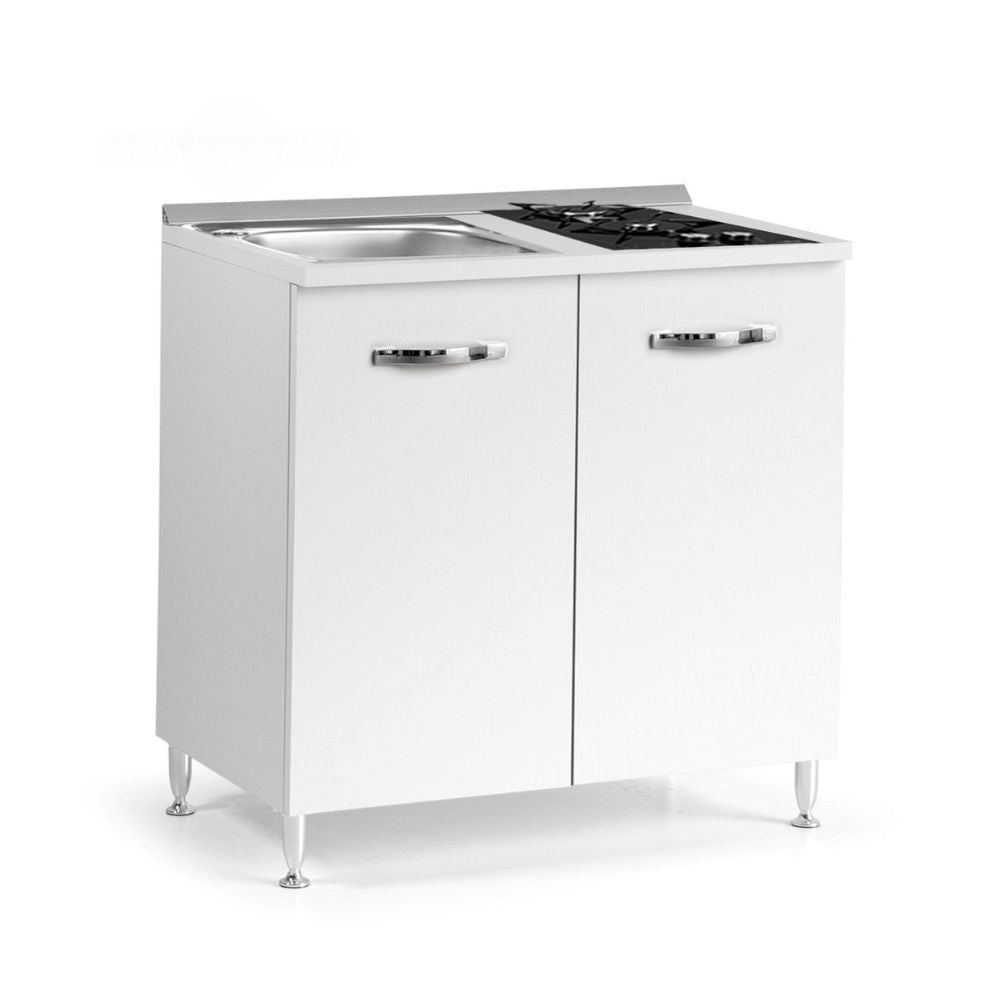 Mini-cuisine à 2 portes coloris blanc mélaminé lavabo et plaque de cuisson 80x60x85H cm