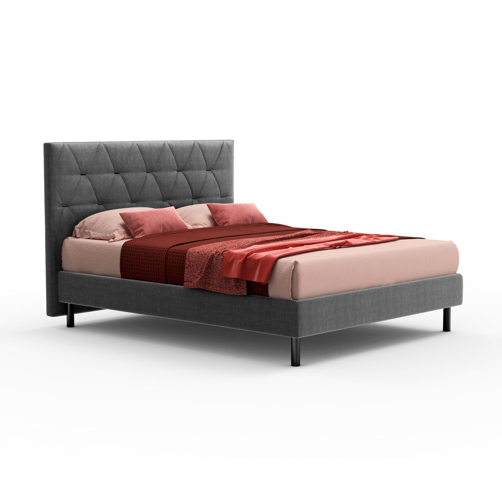Lit double avec coffre de rangement et tête de lit capitonnée coloris gris - Cody