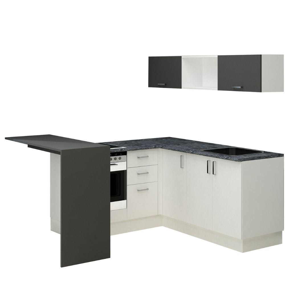 Cuisine d'angle avec presqu'île réversible coloris blanc et noir 180x160 cm - Matera