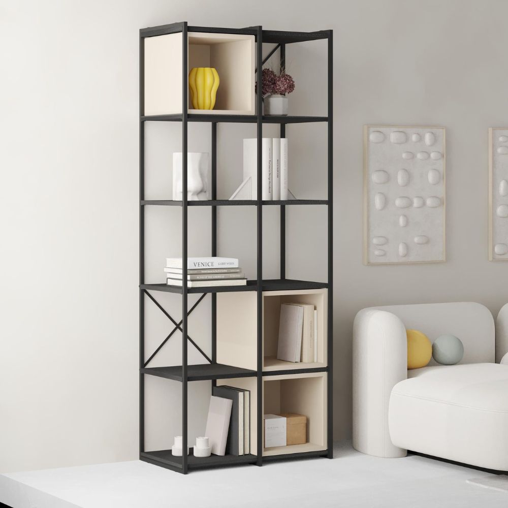 Libreria struttura in metallo nero e cubotti colore cashmere 70.7x39x179H Vale Midi