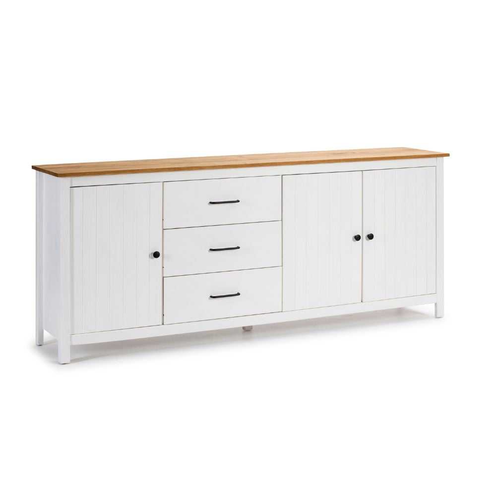 Credenza in legno massiccio con 3 ante e 3 cassetti colore bianco e pino 191x40x80H cm - Vanda