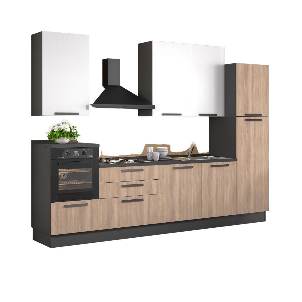 Cuisine moderne avec électroménager couleur chêne et blanc 330 cm - Sinky