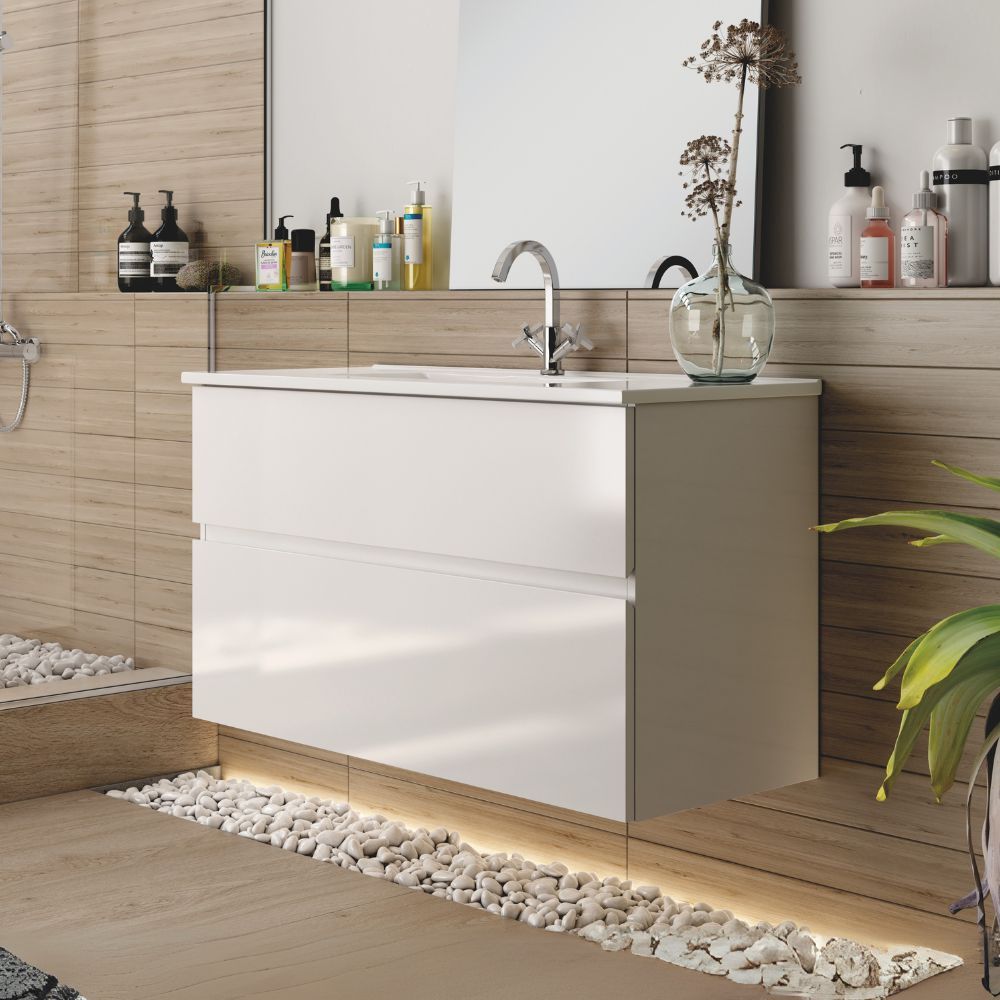 Hängender Badezimmerschrank 100 cm mit 2 Schubladen und Waschbecken inklusive, Farbe Weiß lackiert - Mances