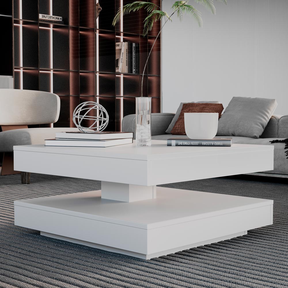 Tavolino da salotto con doppio piano quadrato girevole bianco 67x67 cm Monolith