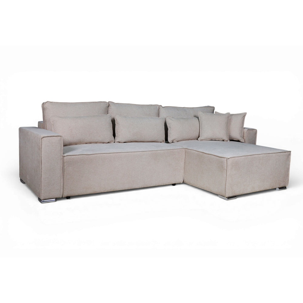Divano angolare tortora con letto Easy Open, contenitore e penisola reversibile Emily