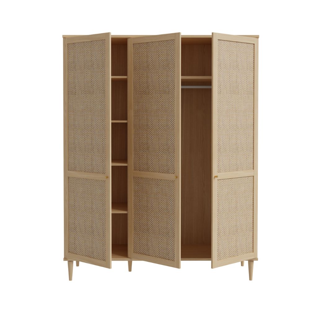 Armadio 3 ante frontali effetto rattan intrecciato colore rovere 165x52x208H Livia