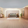 Chambre Nature coloris chêne miel effet cannage et armoire miroir