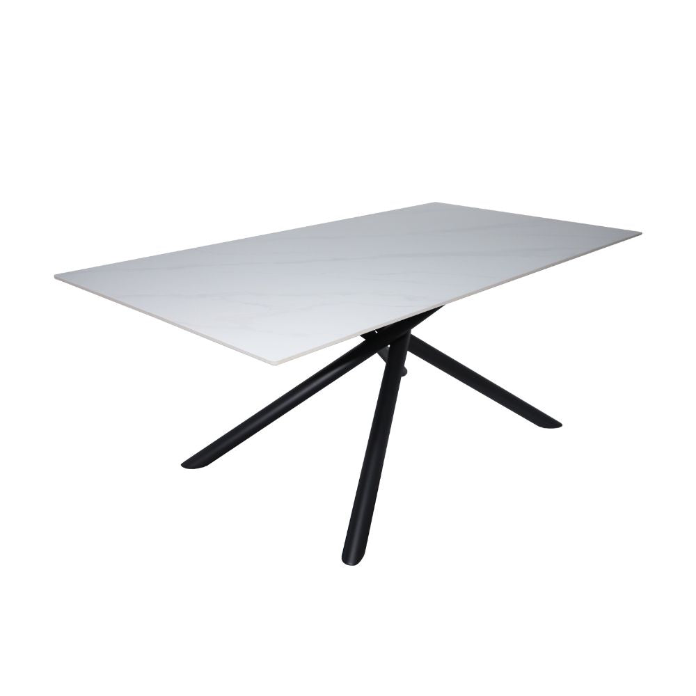 Tavolo fisso con piano effetto marmo bianco e struttura in metallo nero stile Shangai 180x90 Corveo