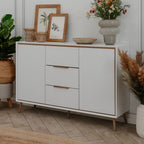 Madia con 2 ante e 3 cassetti colore bianco e particolari quercia 135x90H cm - Borgo