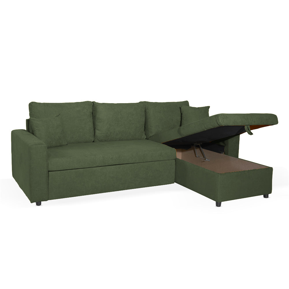 Divano con penisola reversibile funzione letto tessuto verde muschio 225x148x91H Golf