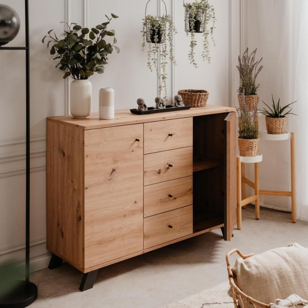 Buffet 118 cm en bois avec 2 portes et 4 tiroirs coloris chêne et anthracite - Medan