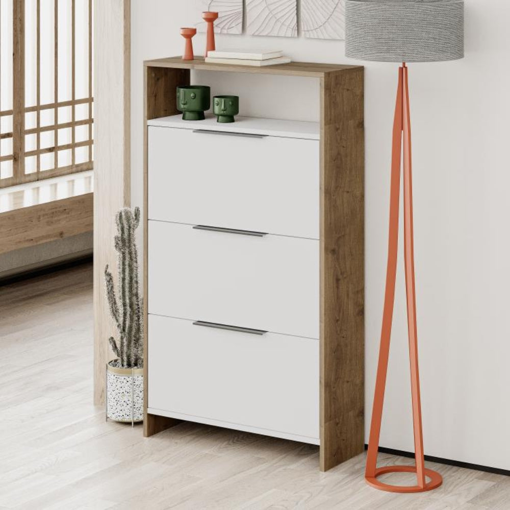 Schuhschrank 78x139,2h cm mit 3 Klapptüren in Weiß und Korpus in Nussbaum - Kaju